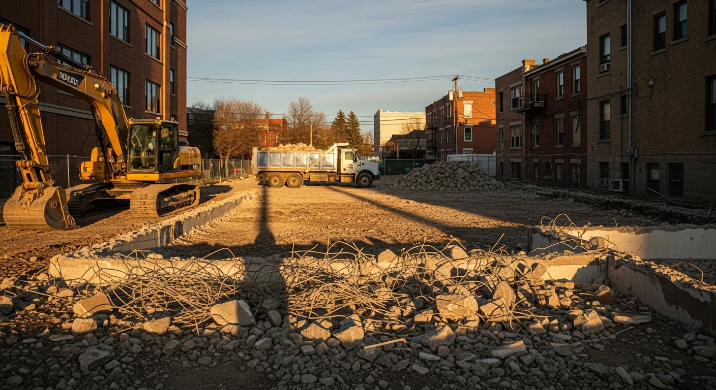 Demolition site with heavy equipment and debris removal