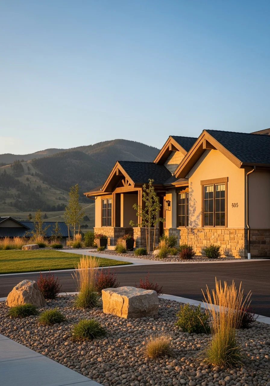 Portrait of a Heber City mountain home with seasonal landscaping and mountain views.