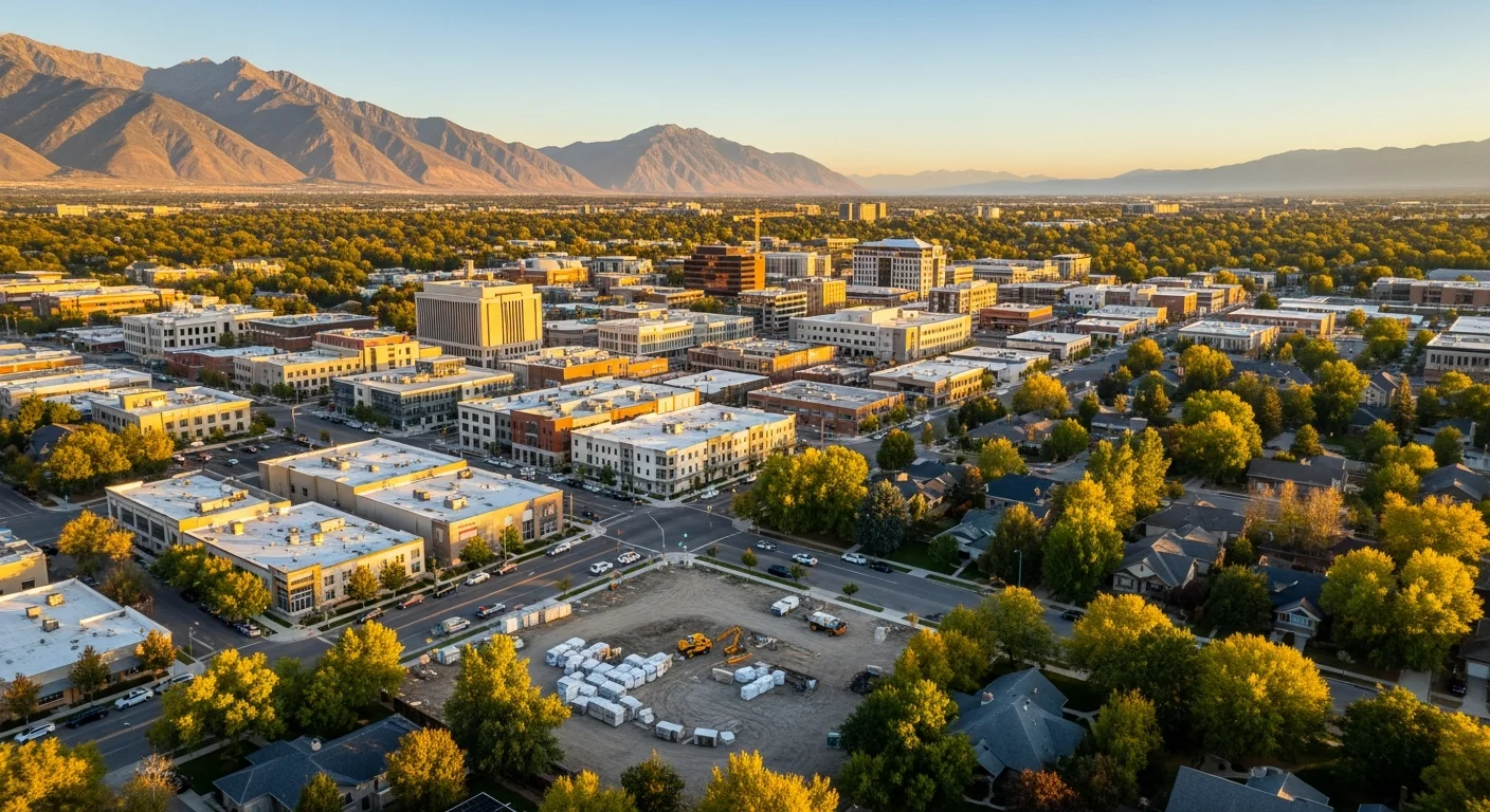 Aerial view of Provo's downtown skyline with residential neighborhoods and BYU campus in the background.