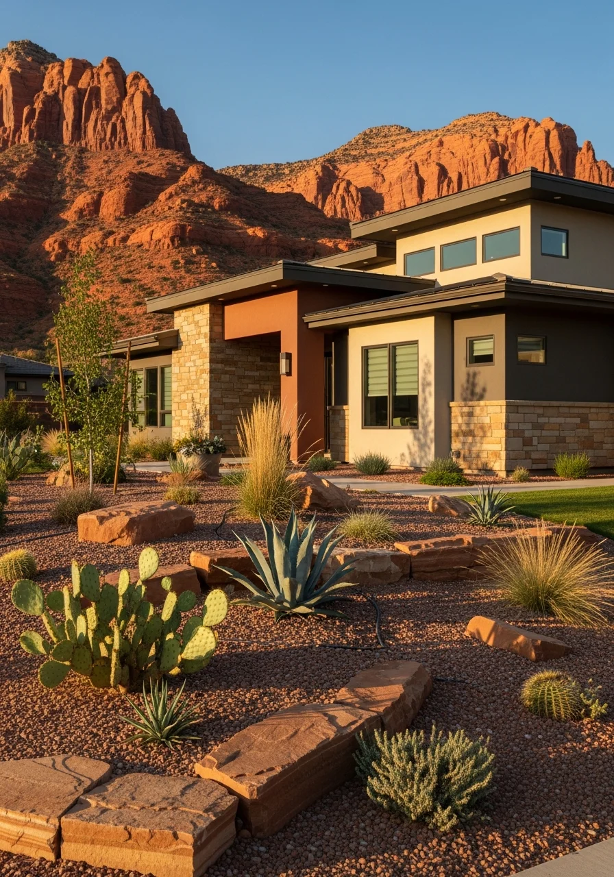 Portrait of a Saint George home with desert landscaping and clear sightlines to surrounding red-rock formations.