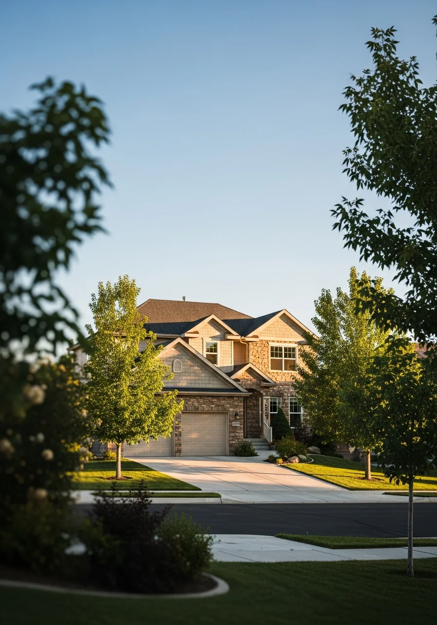 Portrait of a Spanish Fork residential home with clear driveway and neighborhood setting.