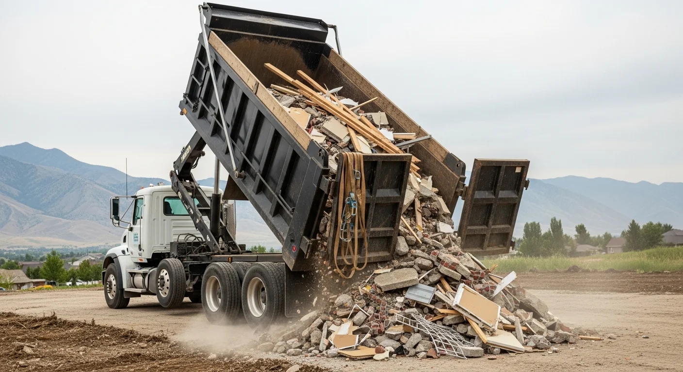 A cleared residential job site in Provo, UT after debris hauling, showing an empty lot with no construction waste or rubble remaining. A High Valley Enterprises truck is visible in the background near the Wasatch foothills.