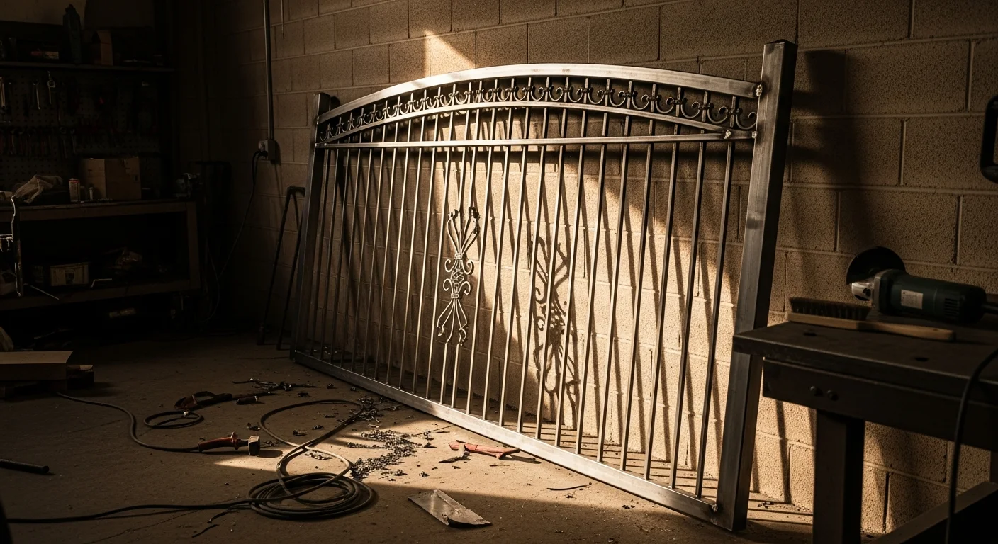 A custom welded metal driveway gate installed at a residential property in Provo, UT, with a clean protective finish and fitted frame aligned to an existing fence line. The gate is photographed from the driveway approach, showing the full weld construction and latch hardware.