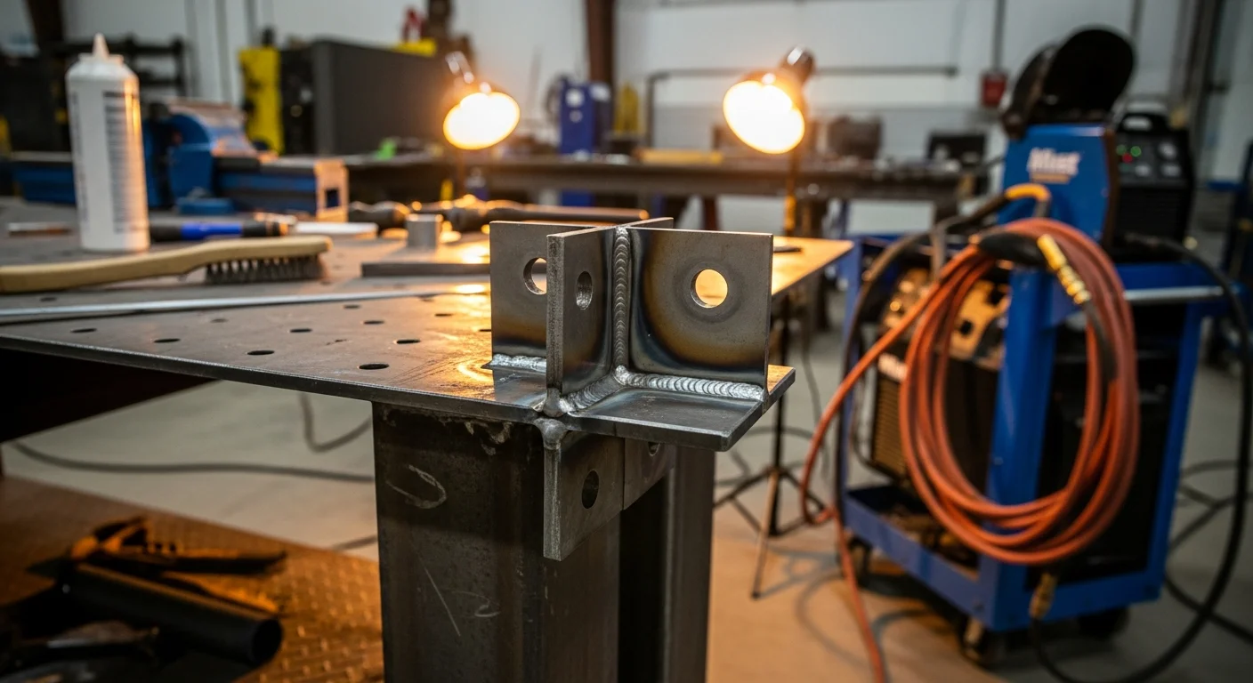A welder completing a metal bracket attachment weld on a steel fence post at a residential property in Provo, UT. The finished weld joint is ground smooth and flush against the post base with no visible gaps.