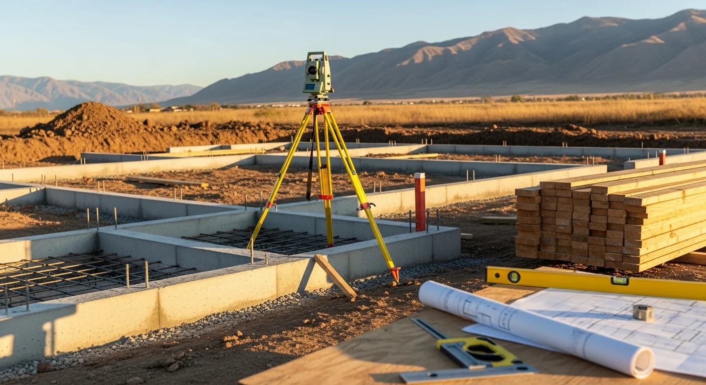 A newly framed residential home under construction on a Provo, UT lot with the Wasatch Mountains visible in the background. A general contractor reviews building plans on site during the framing phase.