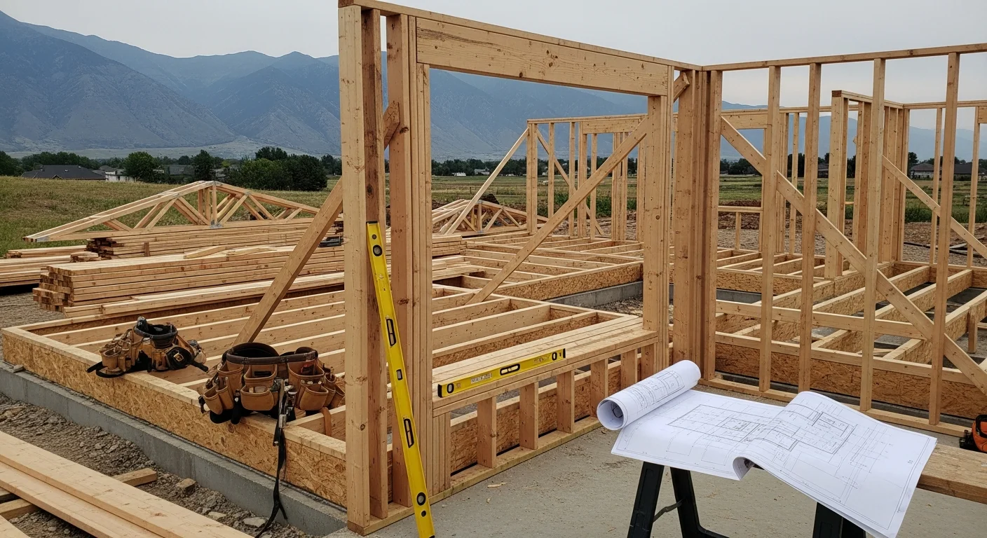 Residential wood framing in progress on a new single-family home in Provo, UT, showing exterior wall studs, floor joists, and roof framing against the Wasatch Range foothills. A general contractor reviews structural plans on site during the framing phase.