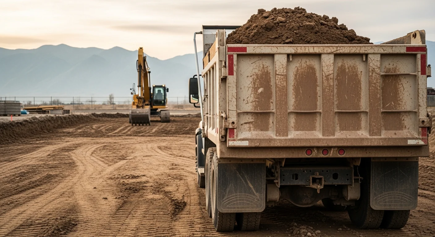 A dump truck loaded with excavated clay soil parked on a cleared demolition site in Provo, UT, with a graded lot and the Wasatch foothills visible in the background. The site shows a freshly cleared foundation area ready for the next phase of construction.
