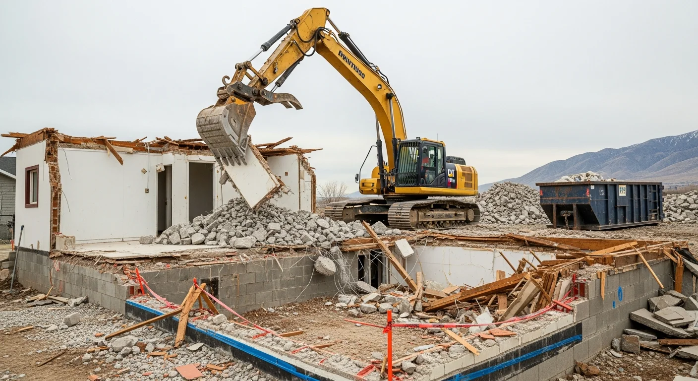 A structural demolition crew operating heavy machinery to tear down a single-story building on a cleared residential lot in Provo, UT. Rubble and framing debris are visible on the ground with the Wasatch Mountains in the background.