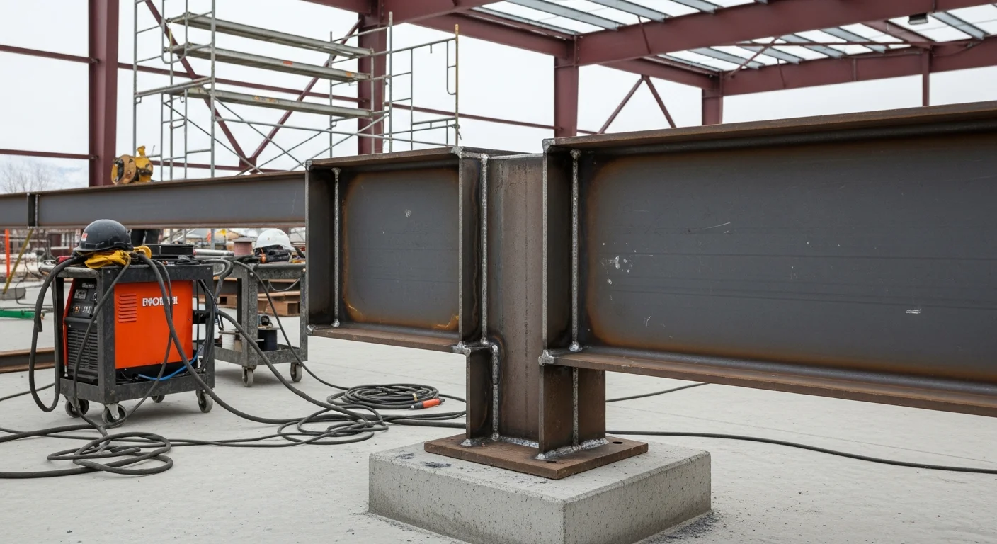 A welder from High Valley Enterprises completing a structural steel beam connection on a commercial building frame in Provo, UT. Sparks and a clean weld bead are visible at the joint between two load-bearing steel members.